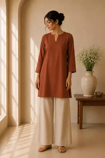 Brown cotton plain casual kurta set for women