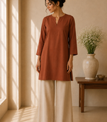 Brown cotton plain casual kurta set for women
