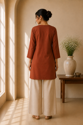 Brown cotton plain casual kurta set for women 2
