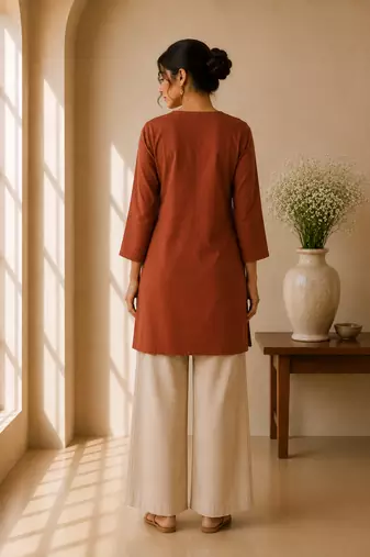 Brown cotton plain casual kurta set for women