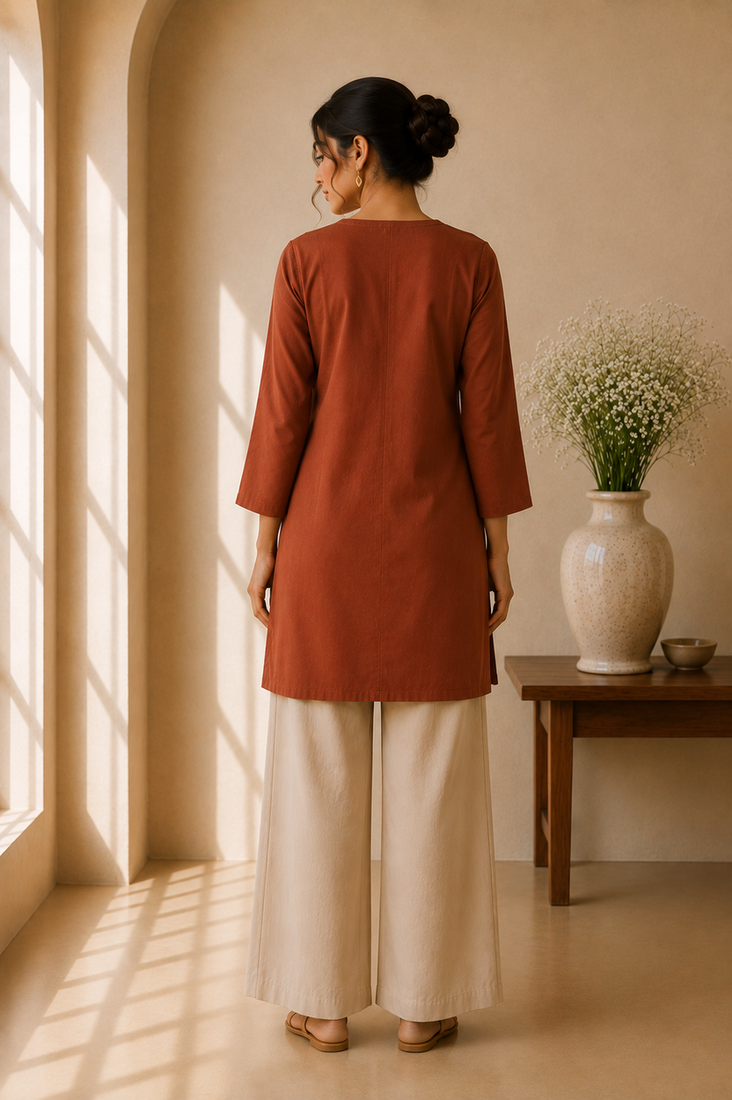 Brown cotton plain casual kurta set for women