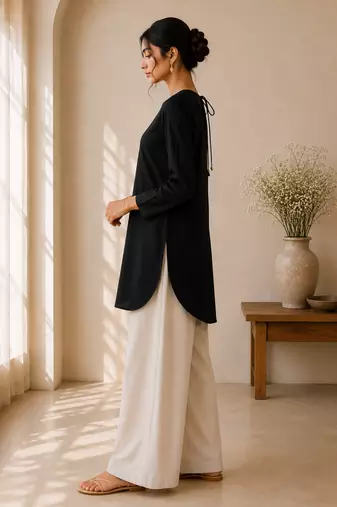 Black cotton plain casual kurta set for women