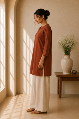 Brown cotton plain casual kurta set for women 3