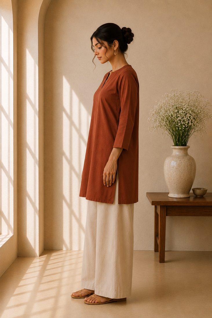 Brown cotton plain casual kurta set for women