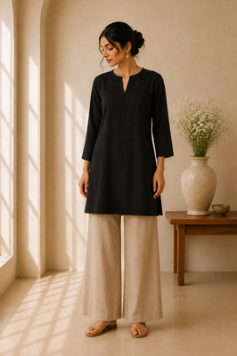 Black cotton plain casual kurta set for women 1