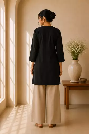 Black cotton plain casual kurta set for women