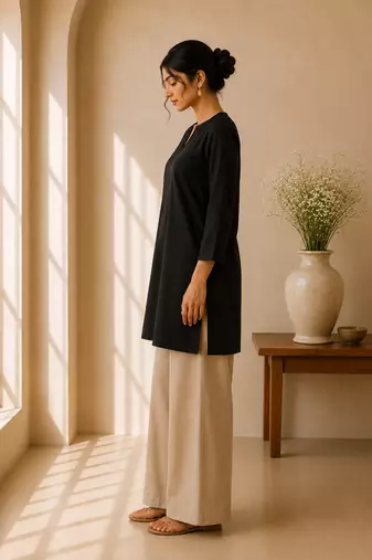 Black cotton plain casual kurta set for women