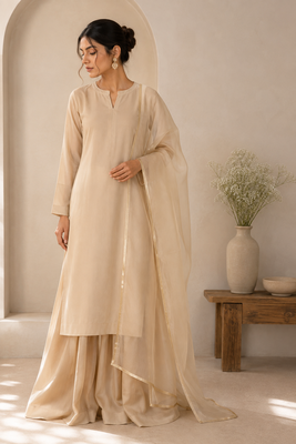 Beige cotton plain casual kurta set with dupatta for women 1