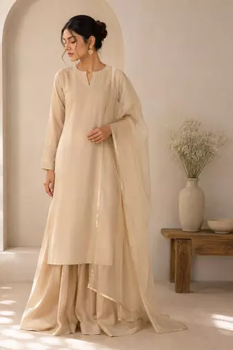 Beige cotton plain casual kurta set with dupatta for women