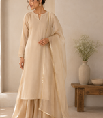 Beige cotton plain casual kurta set with dupatta for women