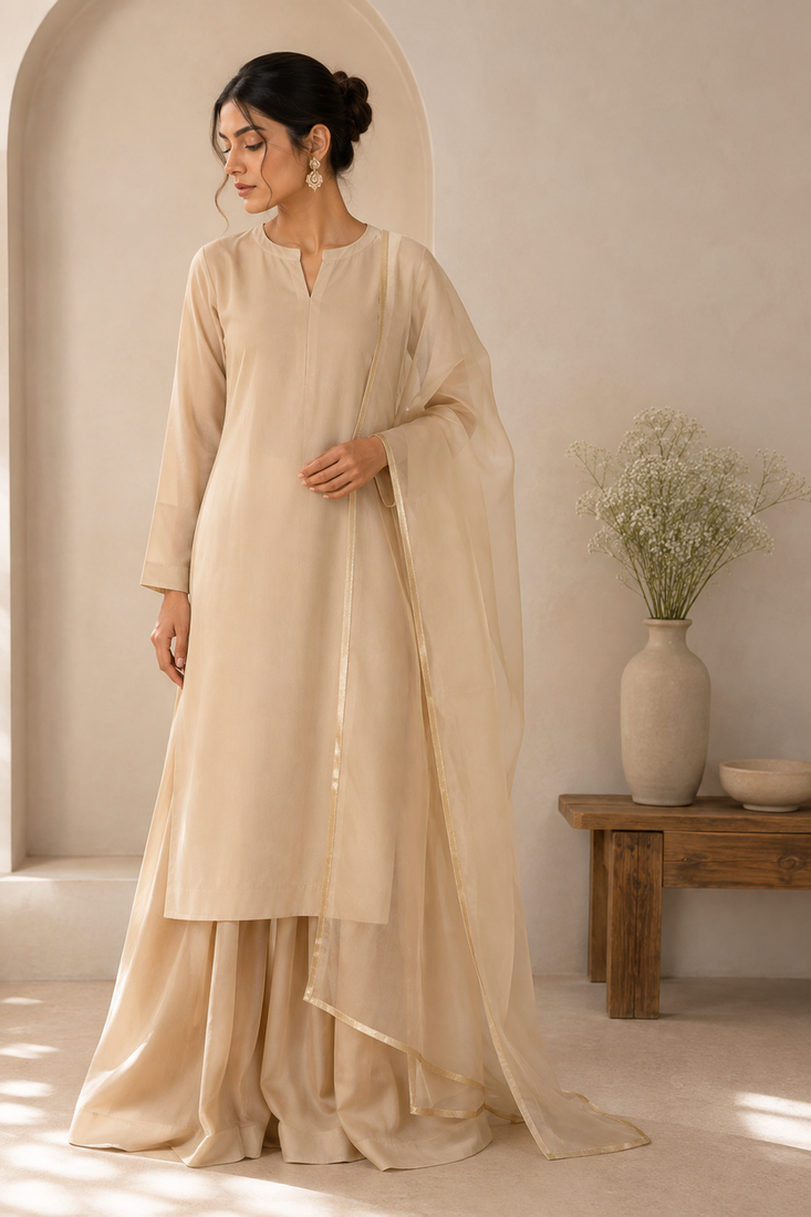 Beige cotton plain casual kurta set with dupatta for women