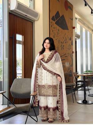 White And Wine Color Embroidery And Sequence Work  Georgette Salwar Suit 1