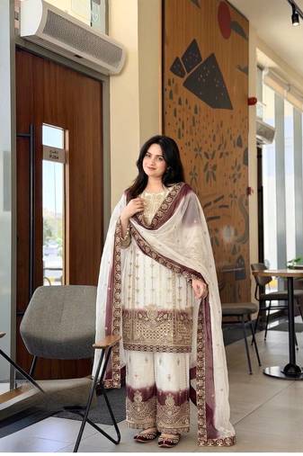 White And Wine Color Embroidery And Sequence Work  Georgette Salwar Suit