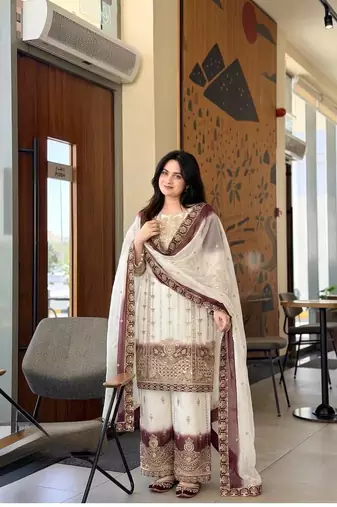 White And Wine Color Embroidery And Sequence Work  Georgette Salwar Suit