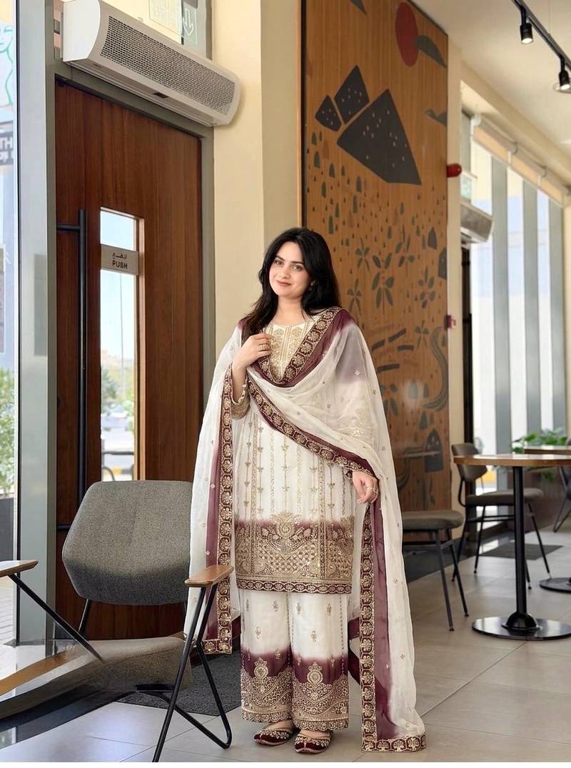 White And Wine Color Embroidery And Sequence Work  Georgette Salwar Suit