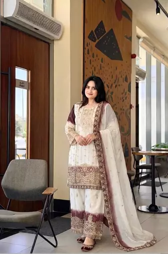 White And Wine Color Embroidery And Sequence Work  Georgette Salwar Suit