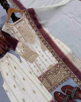 White And Wine Color Embroidery And Sequence Work  Georgette Salwar Suit 3
