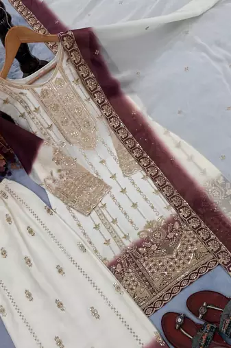 White And Wine Color Embroidery And Sequence Work  Georgette Salwar Suit