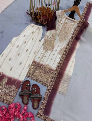 White And Wine Color Embroidery And Sequence Work  Georgette Salwar Suit 4