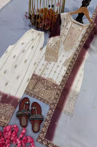 White And Wine Color Embroidery And Sequence Work  Georgette Salwar Suit