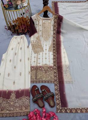 White And Wine Color Embroidery And Sequence Work  Georgette Salwar Suit 5