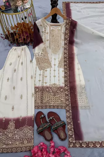 White And Wine Color Embroidery And Sequence Work  Georgette Salwar Suit