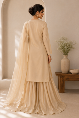 Beige cotton plain casual kurta set with dupatta for women 2