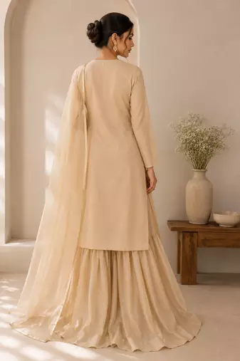Beige cotton plain casual kurta set with dupatta for women