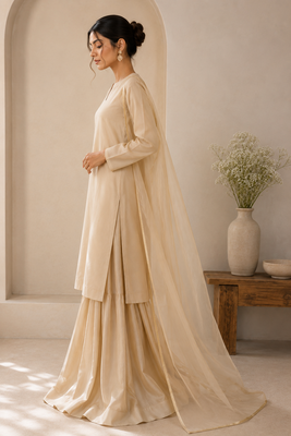 Beige cotton plain casual kurta set with dupatta for women 3