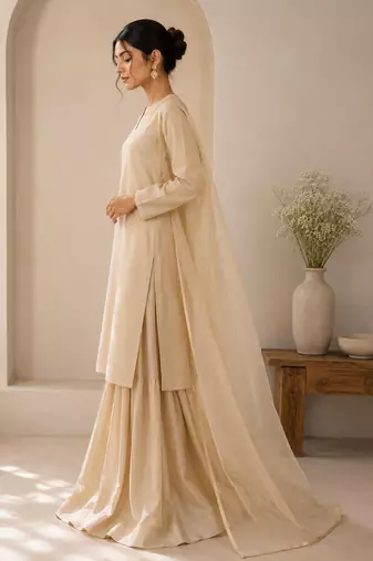 Beige cotton plain casual kurta set with dupatta for women