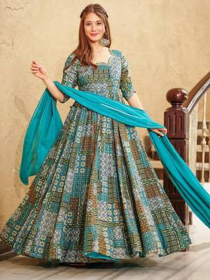 Sky blue rayon digital print anarkali gown with dupatta set 1