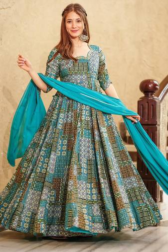 Sky blue rayon digital print anarkali gown with dupatta set