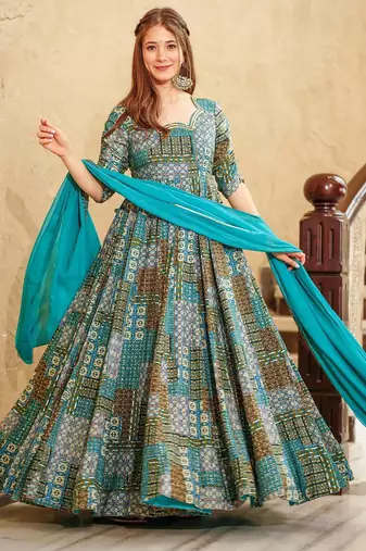 Sky blue rayon digital print anarkali gown with dupatta set
