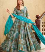 Sky blue rayon digital print anarkali gown with dupatta set