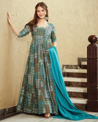 Sky blue rayon digital print anarkali gown with dupatta set 2