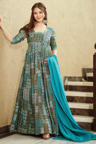 Sky blue rayon digital print anarkali gown with dupatta set