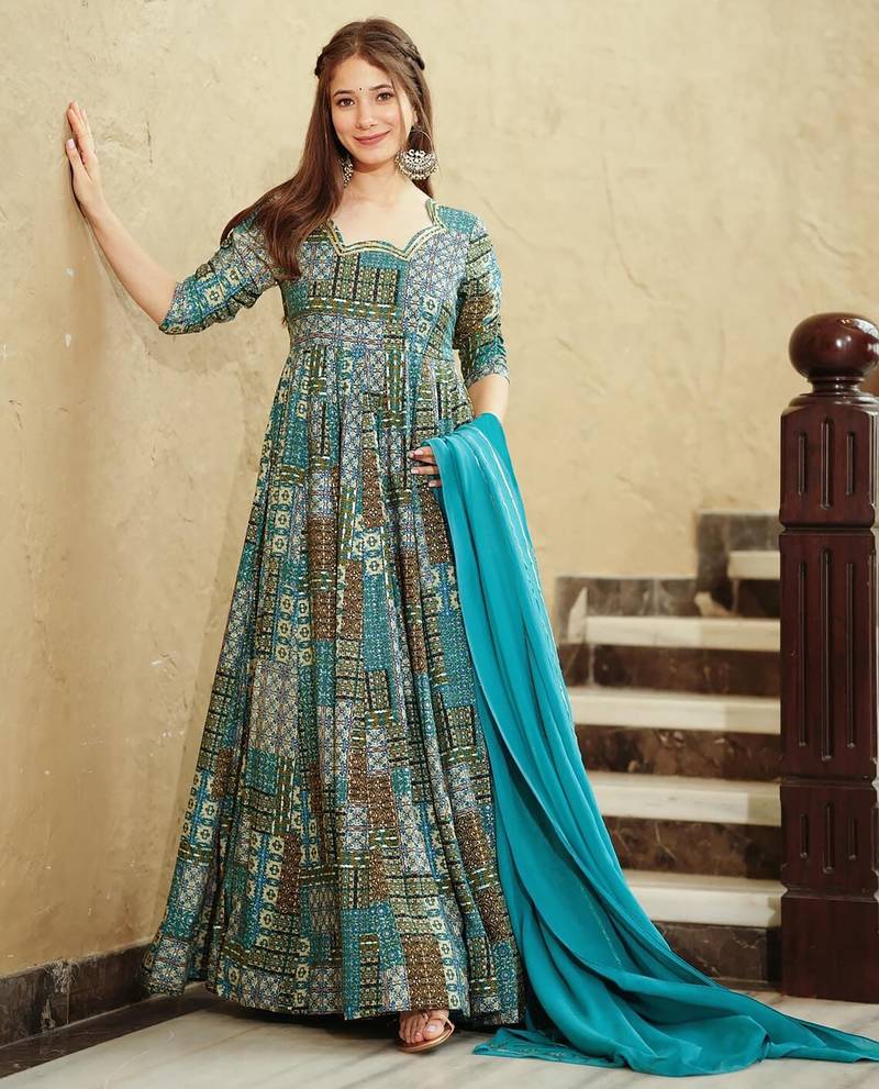 Sky blue rayon digital print anarkali gown with dupatta set