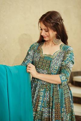 Sky blue rayon digital print anarkali gown with dupatta set 3