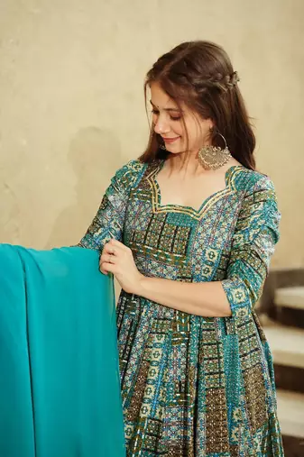 Sky blue rayon digital print anarkali gown with dupatta set