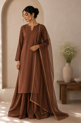 Brown cotton plain casual kurta set with dupatta for women 1