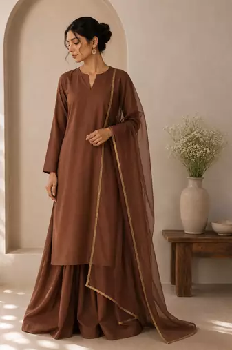 Brown cotton plain casual kurta set with dupatta for women