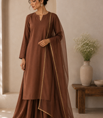 Brown cotton plain casual kurta set with dupatta for women