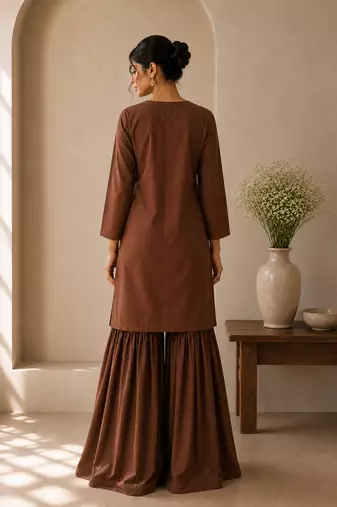 Brown cotton plain casual kurta set with dupatta for women