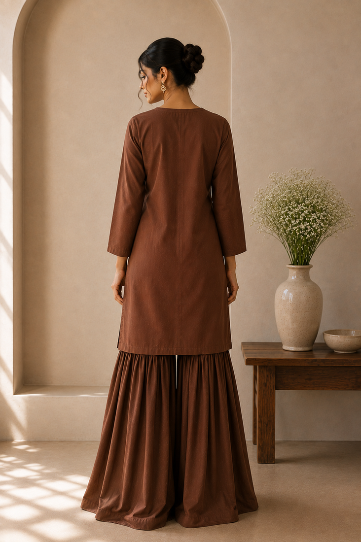 Brown cotton plain casual kurta set with dupatta for women