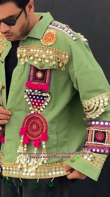 Navratri green pure denim jacket with kutchi mirror work 5