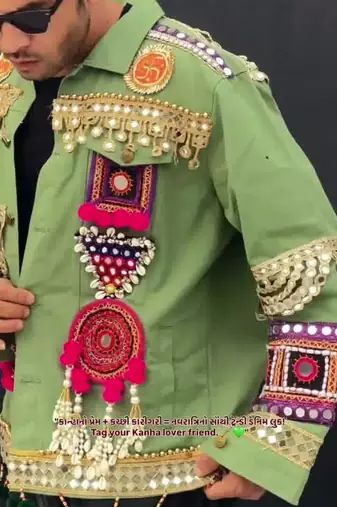 Navratri green pure denim jacket with kutchi mirror work