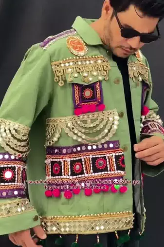 Navratri green pure denim jacket with kutchi mirror work