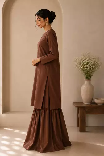 Brown cotton plain casual kurta set with dupatta for women