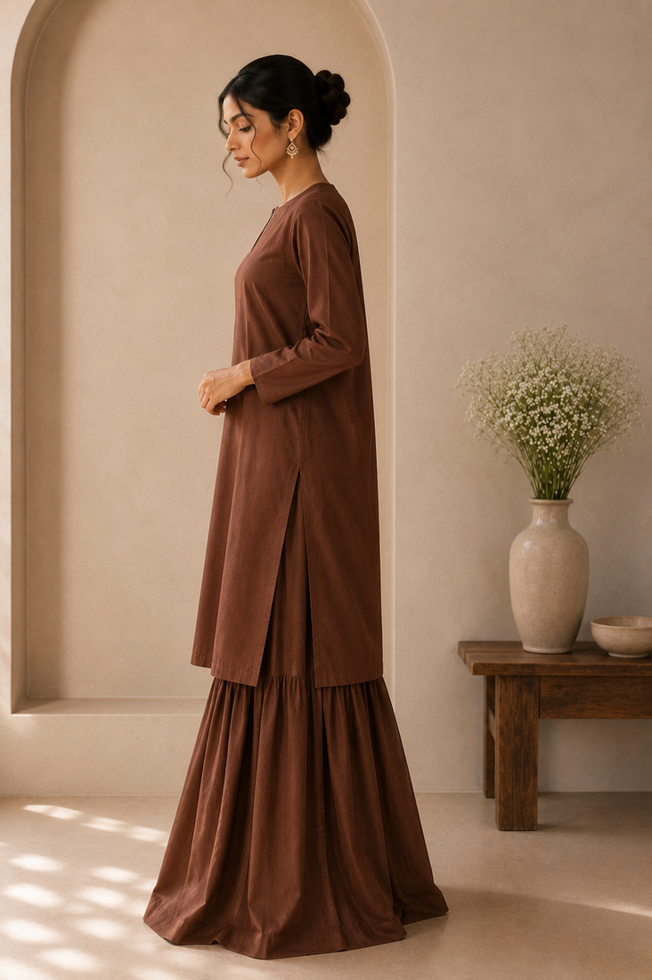 Brown cotton plain casual kurta set with dupatta for women
