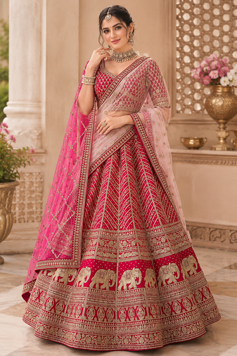 Rani Pink color Tatamie Zari Work Dori Embroidered Sequins work Silk blend lehenga choli set